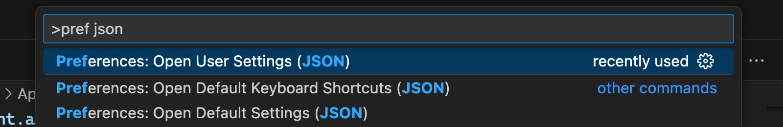 VS Code user settings in command palette
